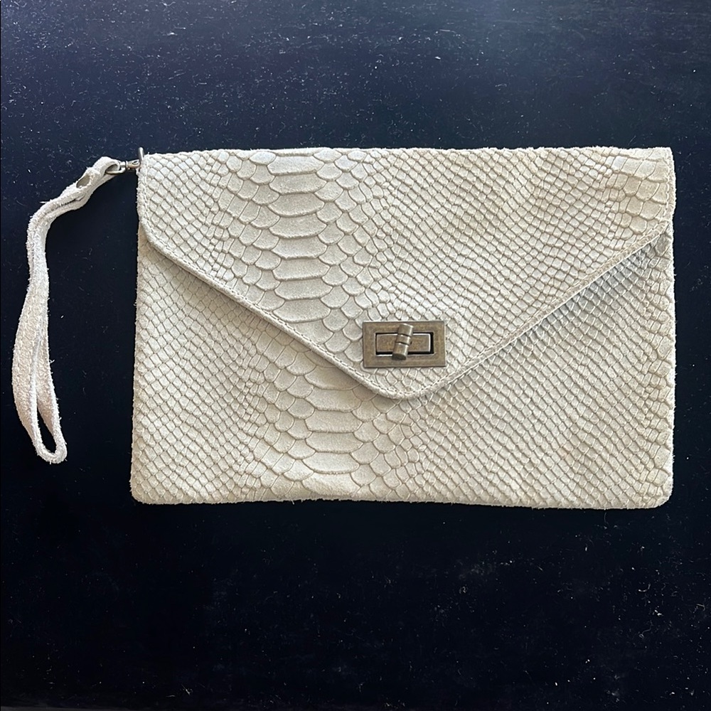 Cream Textured Leather Envelope Clutch with Wrist Strap